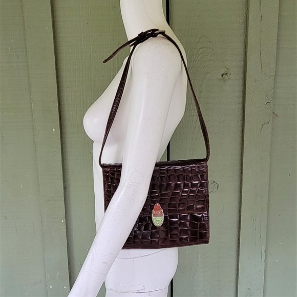 ENZO ANGIOLINI Brown Leather Embossed Croc Shoulder Flap Bag Clutch - Picture 2 of 5